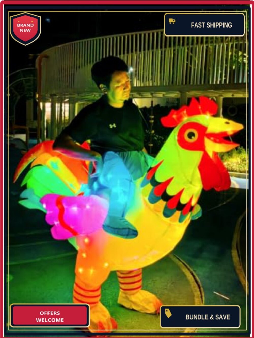 Adult Inflatable Ride-On Rooster Costume Smart LED Lights Adjustable Waist - Picture 3 of 6